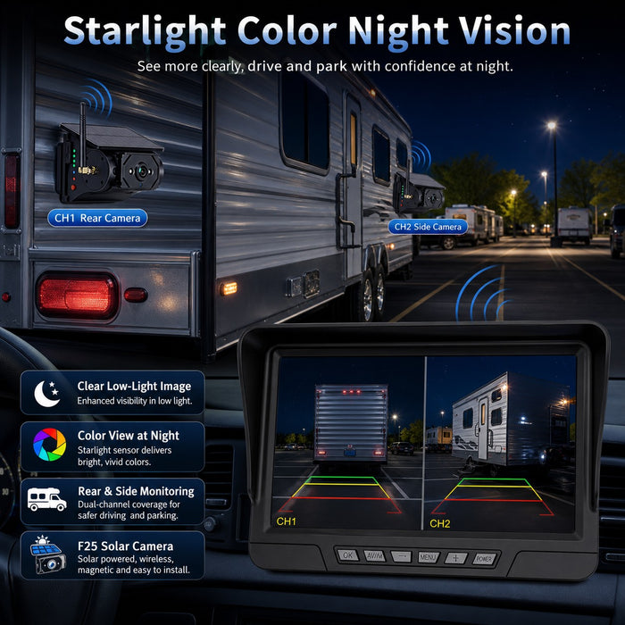 7" Wireless Solar Backup Camera System with 2 Magnetic Cameras for RV Trucks