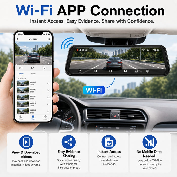 4K Streaming Mirror Wi-Fi Dash Cam with Wireless CarPlay and Android Auto