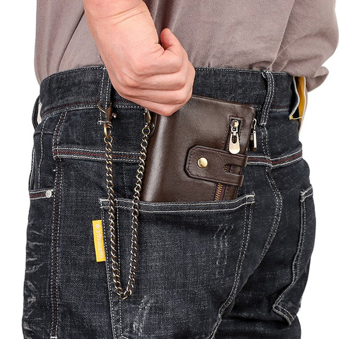 Men's Genuine Leather Wallet RFID Blocking Retro Bifold Zipper Card Holder with Key Chain