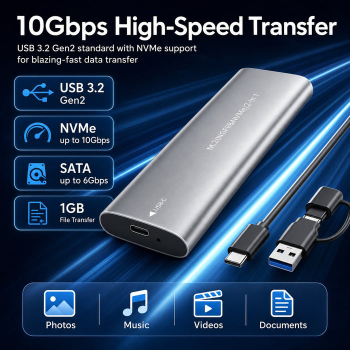 M.2 NVMe SATA SSD Enclosure USB 3.2 Gen2 10Gbps Aluminum M.2 SSD Case