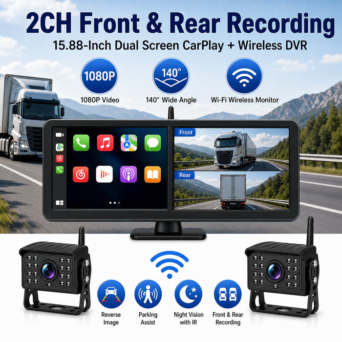 15.88'' Dual Screen Wireless CarPlay Wi-Fi RV Camera System 2CH BSD Infrared Cameras