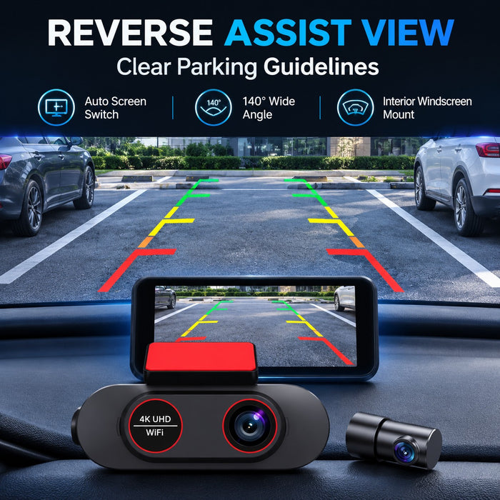 4K WiFi Dual Dash Cam with 1080P Rear Window Camera Reversing View