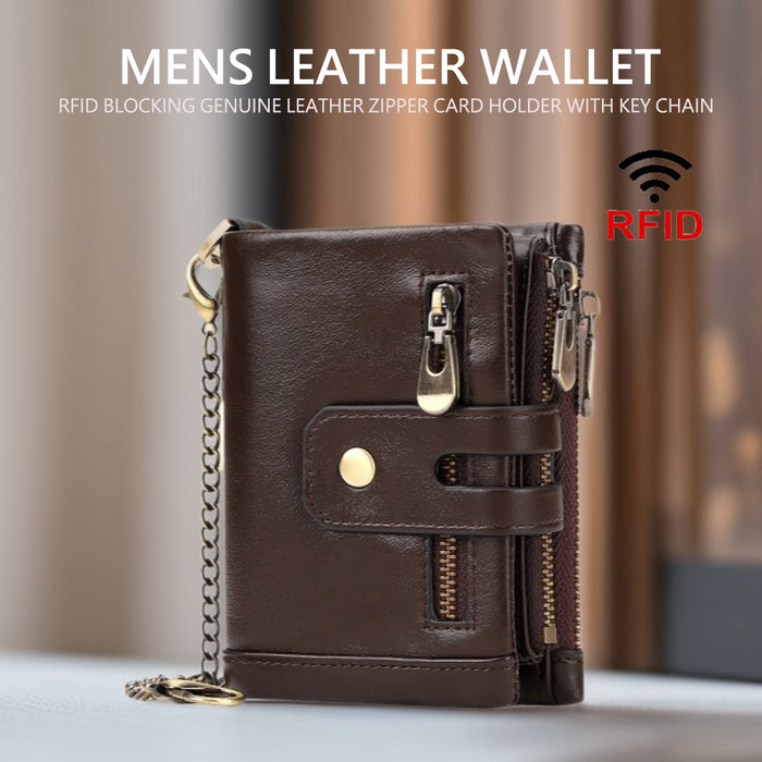 Men's Genuine Leather Wallet RFID Blocking Retro Bifold Zipper Card Holder with Key Chain