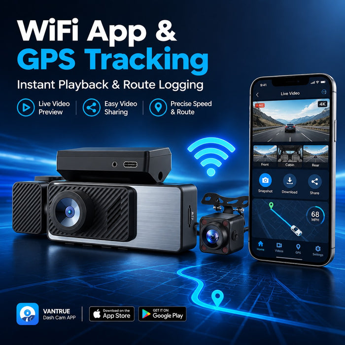 4K 3-Channel WiFi GPS Dash Cam – Front, Cabin & Rear Recording