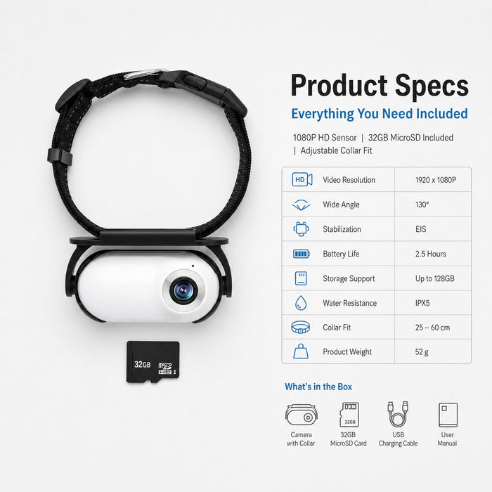 1080P WiFi Pet Collar Camera with 32GB Card – HD Dog POV Action Camera
