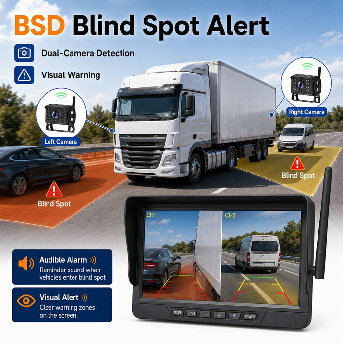 7" Wireless DVR Monitor 2 IR Cameras BSD Alert Rear View Truck RV Kit