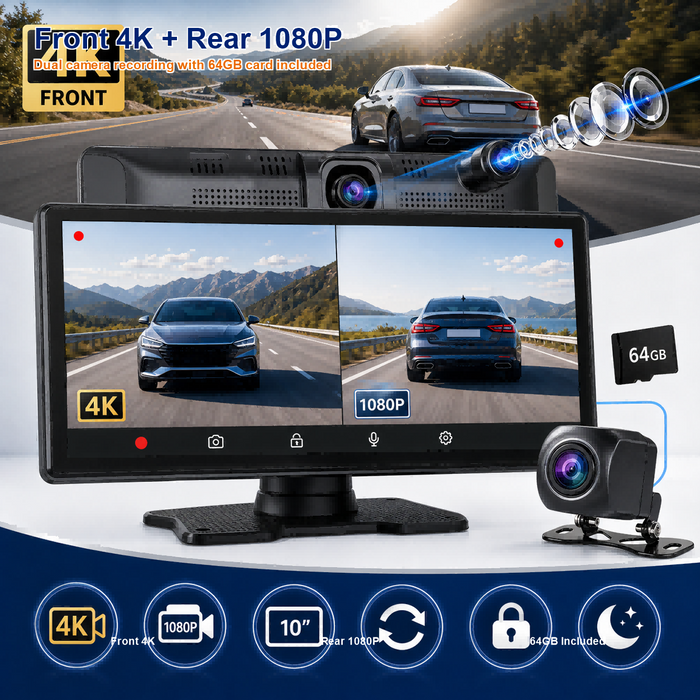 4K ADAS DVR Wireless Apple Android Carplay Light Sensor Dash Camera with 64G Card