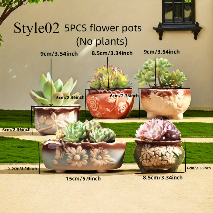 Set of 5 Succulent Plant Pots Flower Patterned with Drainage Holes