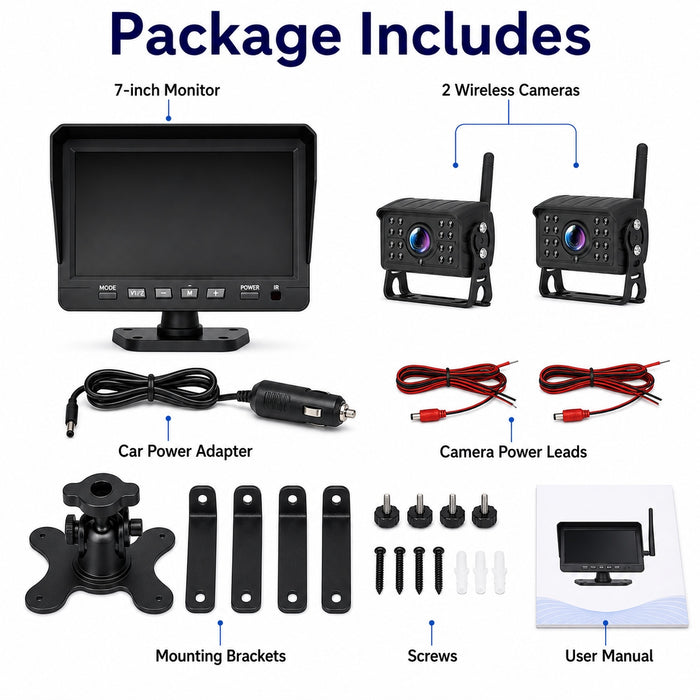 7" Wireless DVR Monitor 2 IR Cameras BSD Alert Rear View Truck RV Kit