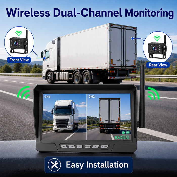 7" Wireless DVR Monitor 2 IR Cameras BSD Alert Rear View Truck RV Kit