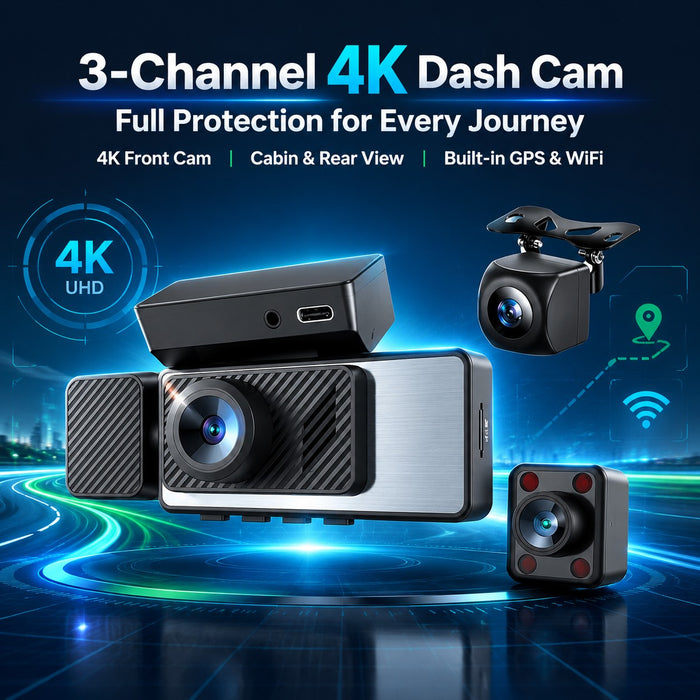 4K 3-Channel WiFi GPS Dash Cam – Front, Cabin & Rear Recording