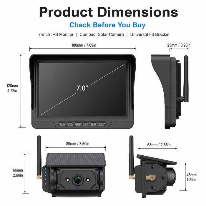 7" Wireless Solar Backup Camera System with 2 Magnetic Cameras for RV Trucks