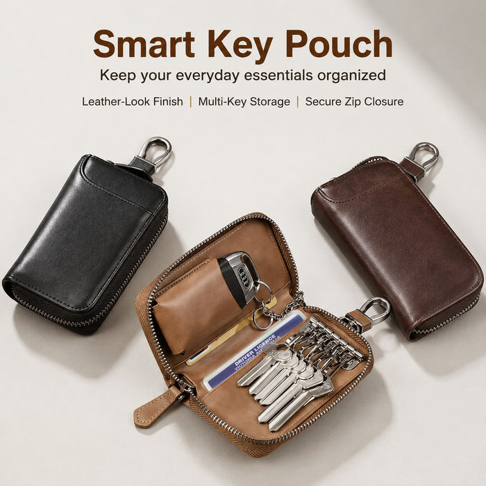 Leather-Look Car Key Organiser Pouch with Zip & Clip – 3 Colours Key Bag