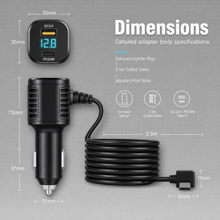 3-Port Dash Cam Car Charger with Voltage Display – QC3.0, PD 20W & 3.5m Right-Angle USB-C Cable