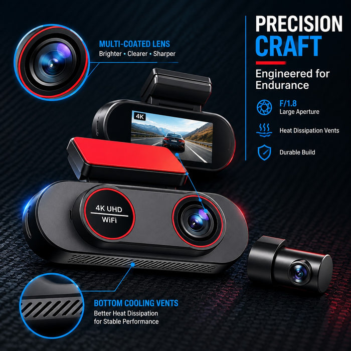 4K WiFi Dual Dash Cam with 1080P Rear Window Camera Reversing View