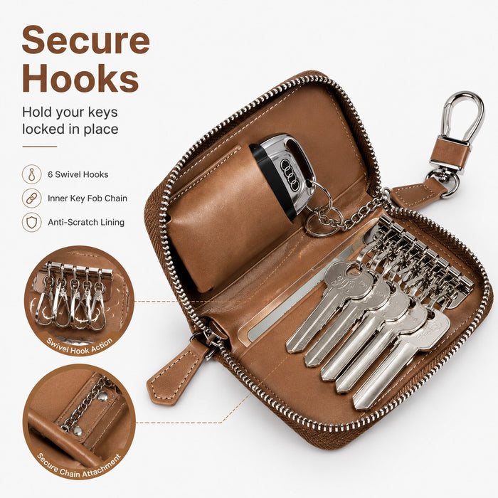 Leather-Look Car Key Organiser Pouch with Zip & Clip – 3 Colours Key Bag