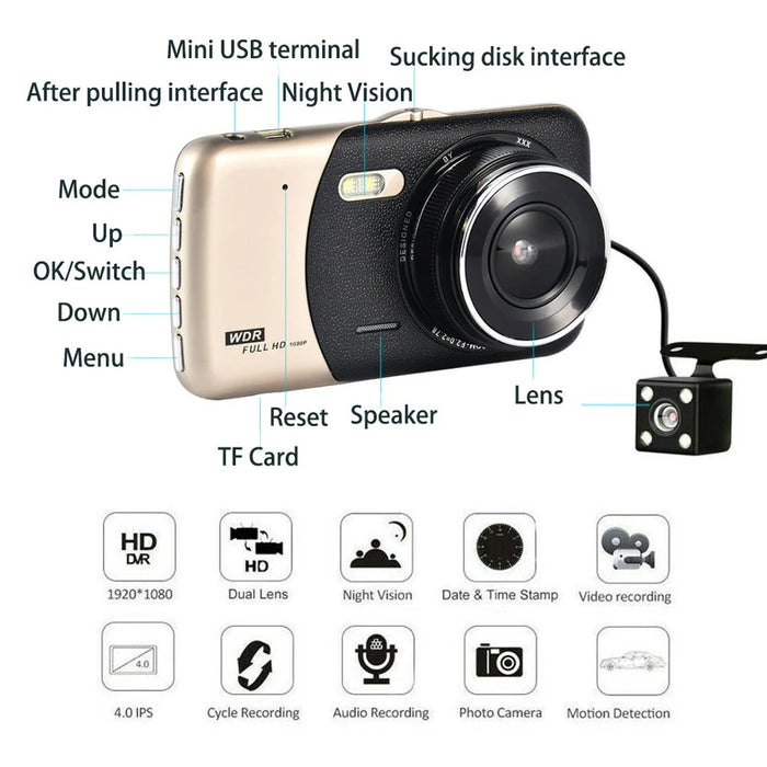 1080P Dual Dash Cam Front and Rear Motion Detection Loop Recording Car Camera