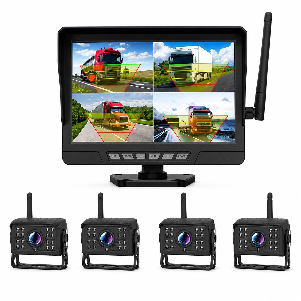 10.1" Wireless DVR Monitor 4 IR Cameras BSD Alert Rear View Truck RV Kit