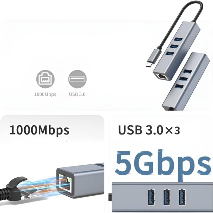 USB C to Ethernet Adapter with 1000Mbps Gigabit RJ45 and 3xUSB 3.0 Ports