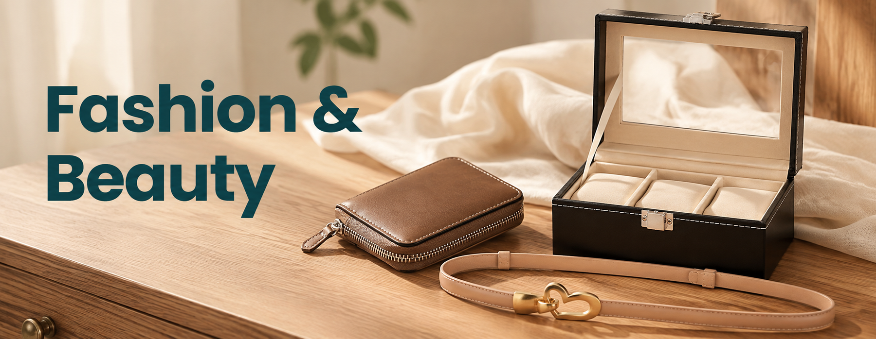 Fashion & Beauty: slim heart-buckle belt, brown key pouch and three-slot watch organiser