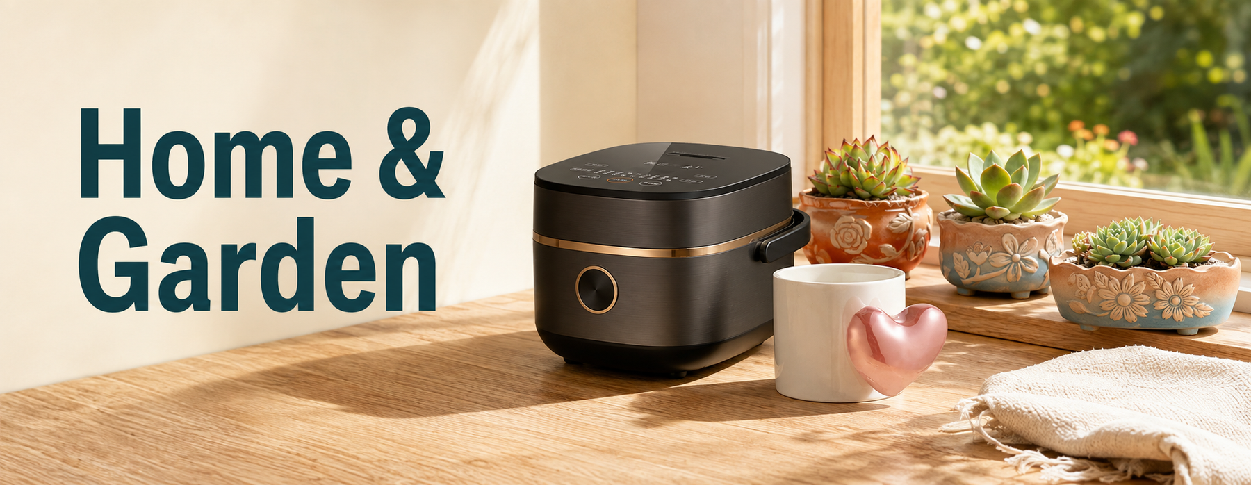 Home & Garden: compact rice cooker, pink heart-handle mug and floral plant pots