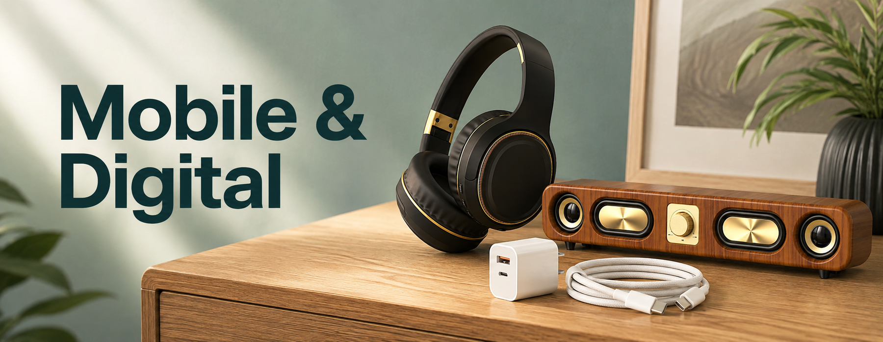 Mobile & Digital: black and gold headphones, woodgrain speaker and USB charger with cable