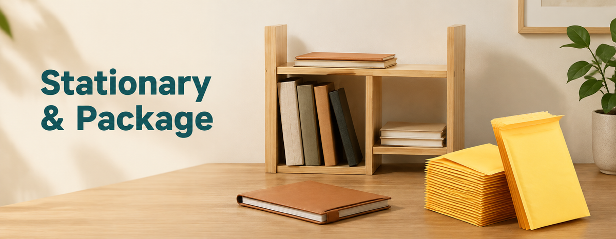 Stationary & Package: wooden desktop bookshelf, tan journal and yellow padded mailing envelopes