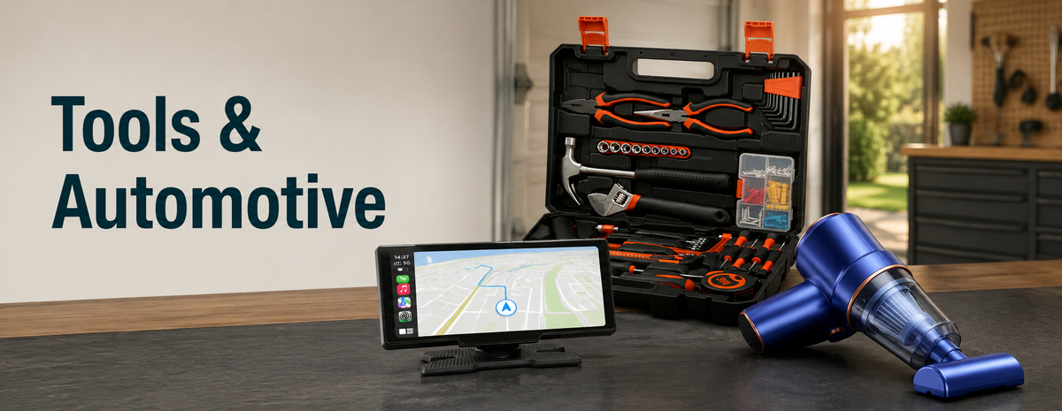 Tools & Automotive: car display, blue handheld vacuum and household tool kit