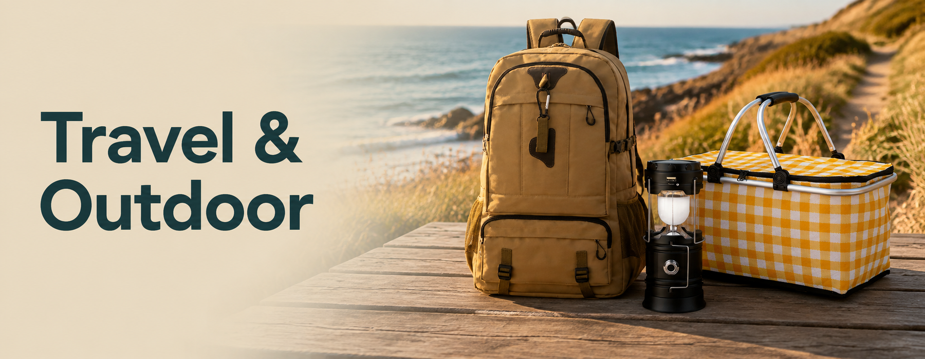 Travel & Outdoor: tan hiking backpack, camping lantern and yellow checked picnic basket