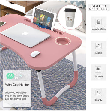Foldable Laptop Desk – Portable Bed Table & Adjustable Computer Stand with Cup Holder