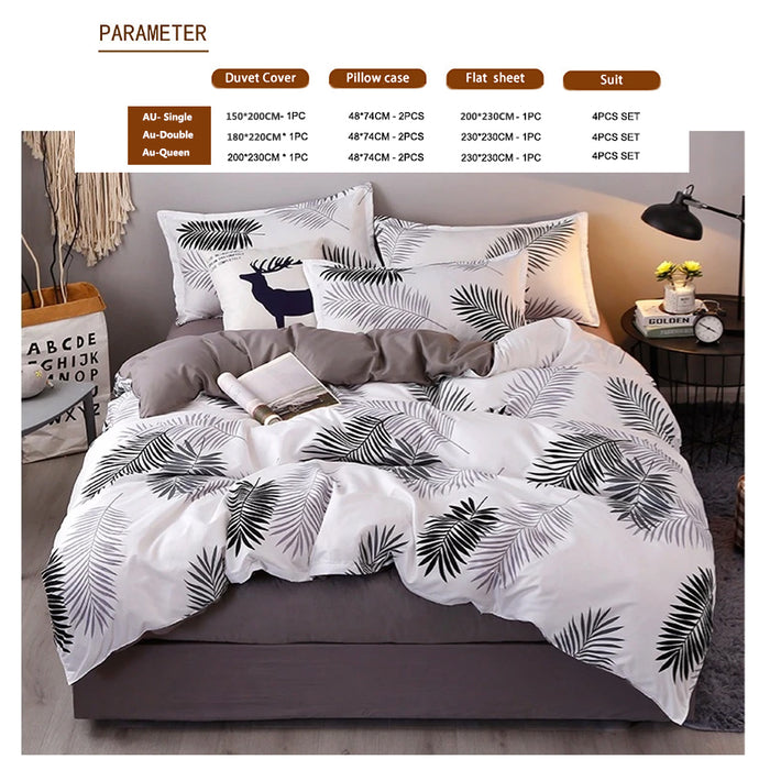 4Pcs Bedding Set Palm Leaves Pattern Aloe Cotton Flat Sheet Quilt Cover Pillowcase