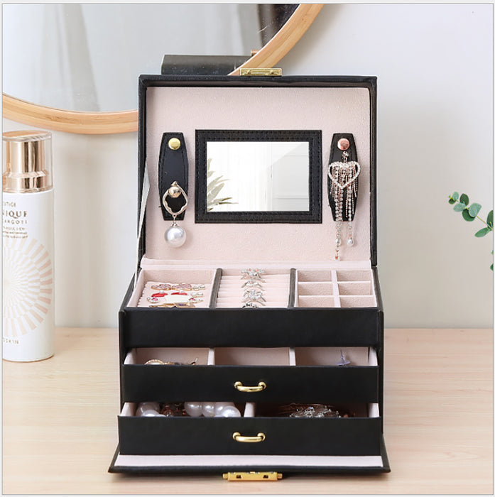 Jewellery Box With Mirror Double Drawers Organizer Storage Lock Case