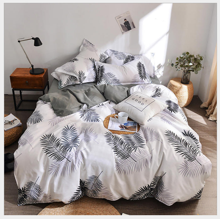 4Pcs Bedding Set Palm Leaves Pattern Aloe Cotton Flat Sheet Quilt Cover Pillowcase