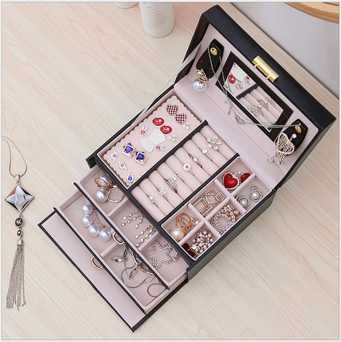 Jewellery Box With Mirror Double Drawers Organizer Storage Lock Case