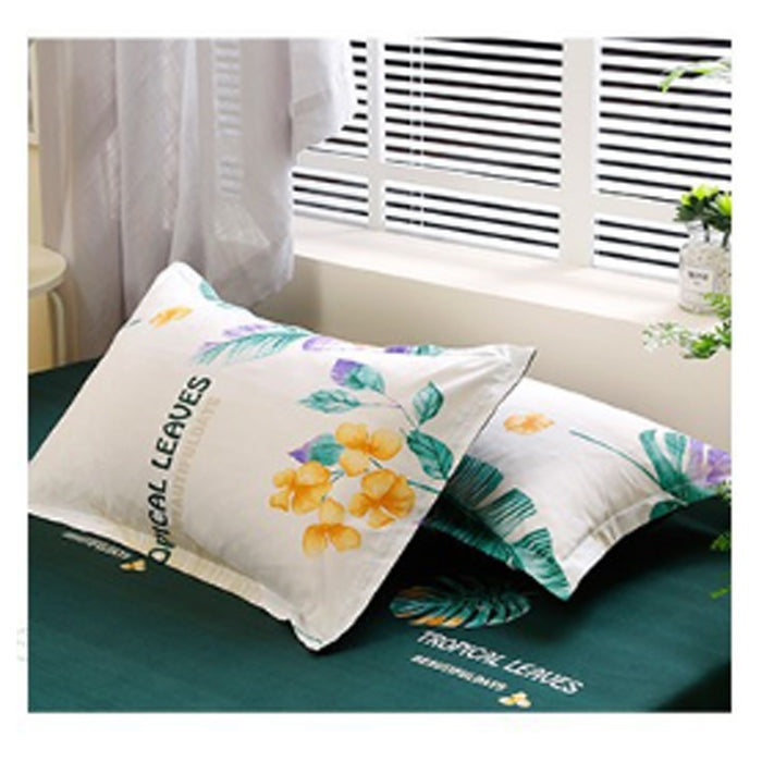 Green Leaves Pattern Aloe Cotton Flat Sheet Quilt Cover Pillowcases 4pcs Bedding Set