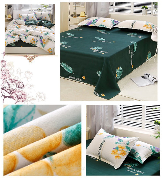 Green Leaves Pattern Aloe Cotton Flat Sheet Quilt Cover Pillowcases 4pcs Bedding Set