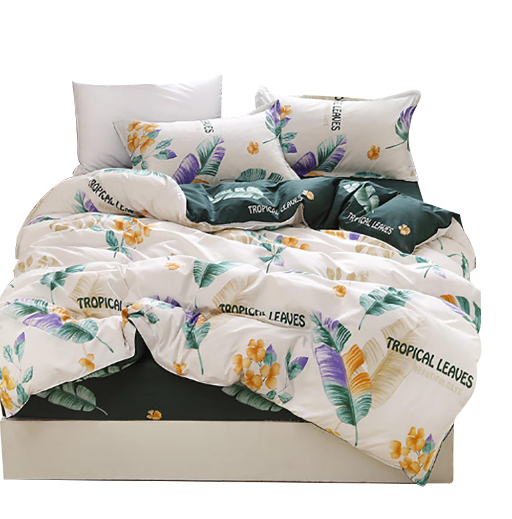 Green Leaves Pattern Aloe Cotton Flat Sheet Quilt Cover Pillowcases 4pcs Bedding Set