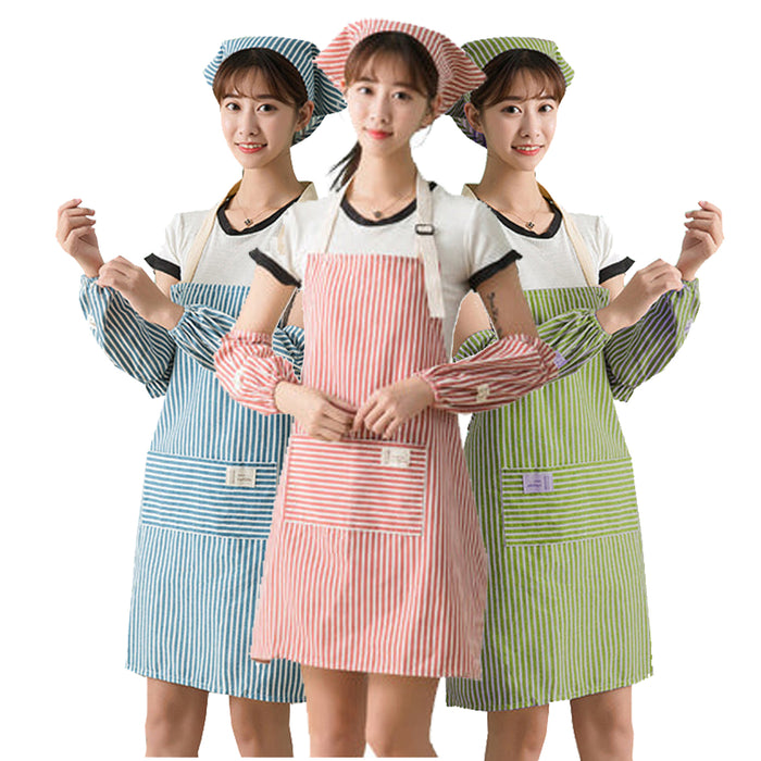 4 Pcs Set 100% Cotton Apron with protective sleeve head piece Kitchen Cook Wear