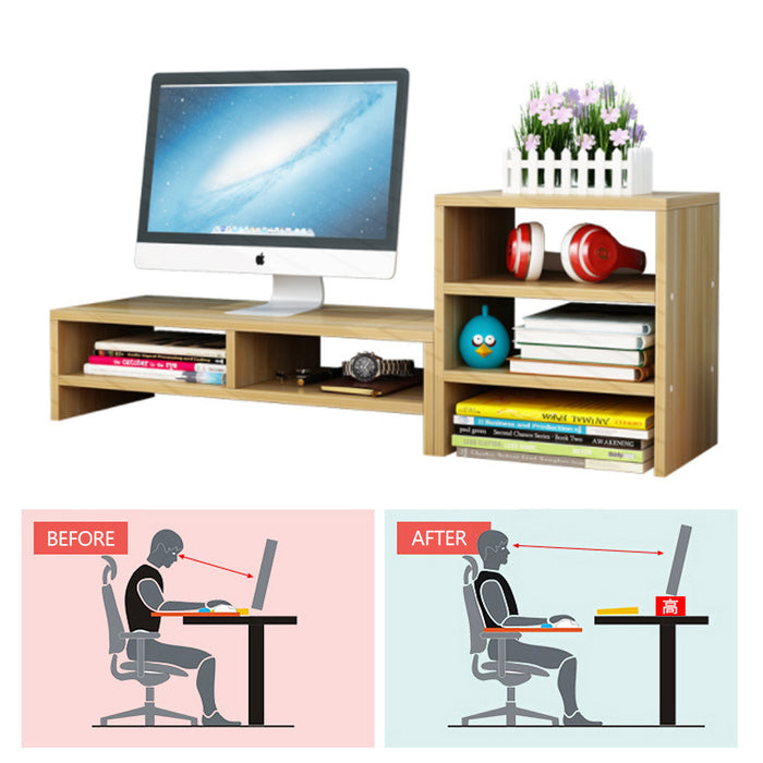 Wooden Desk Monitor Riser Stand With 3Tier Storage Shelves Desktop Bookshelf