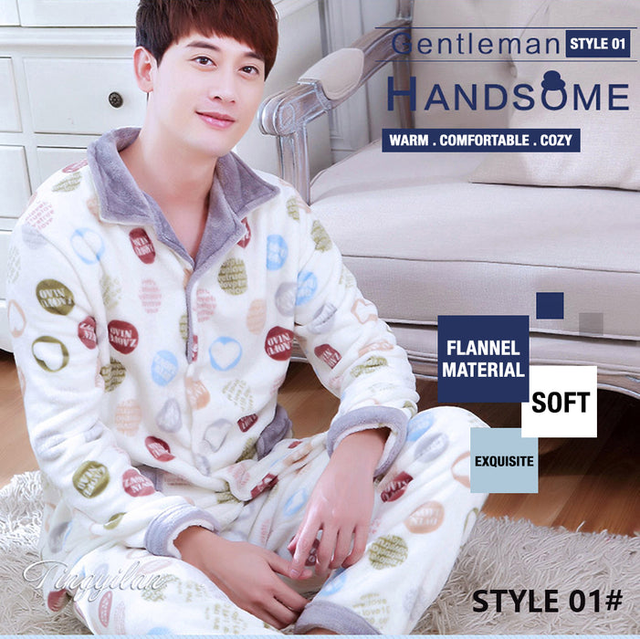 Winter Warm Flannel Pajamas Sets For Men Long Sleeve Coral Velvet Sleepwear Suit