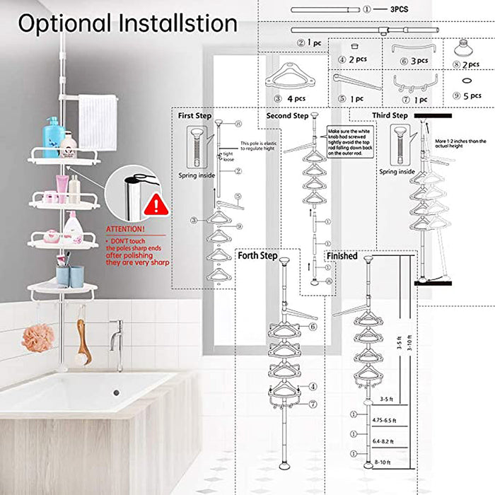 Telescopic Spring Tension Pole 4 Shelf Corner Bath Shower Rack Caddy Organiser