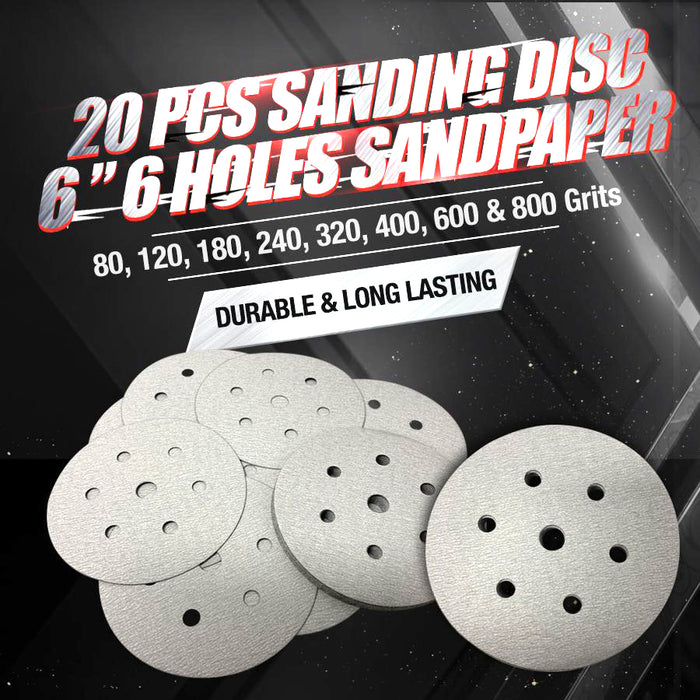 20 PCS SANDING DISC 150mm 6" HOOK AND LOOP PAD 6 HOLE SANDPAPER DRYWALL METAL