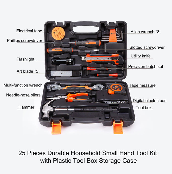 25Pcs Household Hand Tools Set Kit Box with Hard Storage Case Home Supplies - Joyreap Online