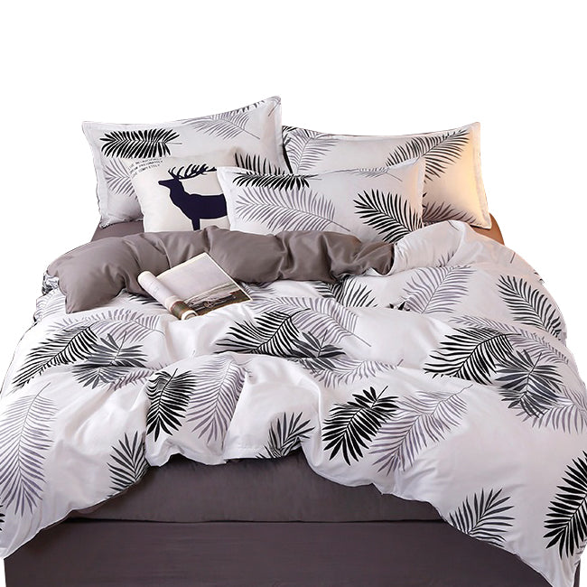 4Pcs Bedding Set Palm Leaves Pattern Aloe Cotton Flat Sheet Quilt Cover Pillowcase