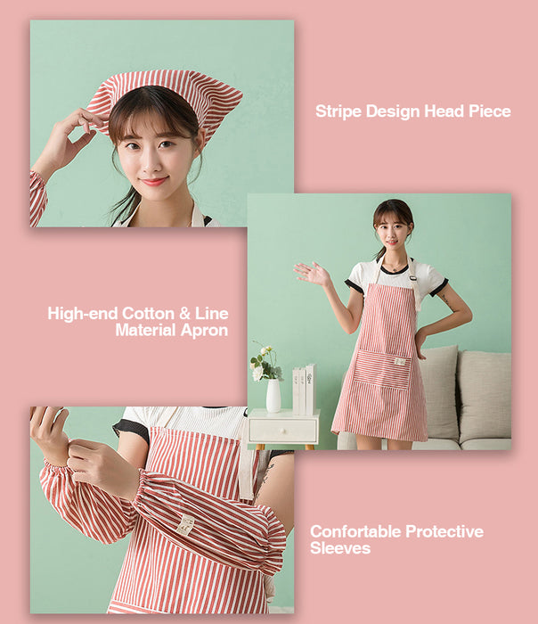 4 Pcs Set 100% Cotton Apron with protective sleeve head piece Kitchen Cook Wear