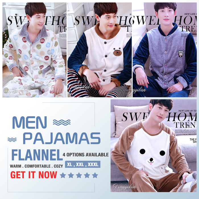 Winter Warm Flannel Pajamas Sets For Men Long Sleeve Coral Velvet Sleepwear Suit