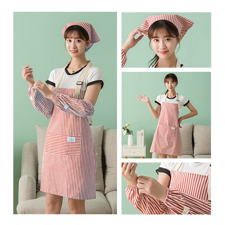 Alternate view of 4 Pcs Set 100% Cotton Apron with protective sleeve head piece Kitchen Cook Wear