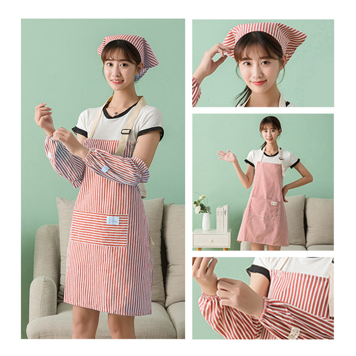 4 Pcs Set 100% Cotton Apron with protective sleeve head piece Kitchen Cook Wear