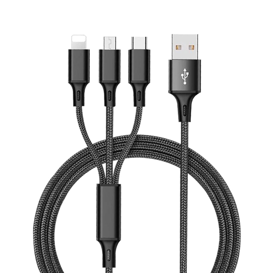 3 in 1 Multiple USB Charging Cable Micro USB iPhone 8 Pin and USB-C Nylon Braided