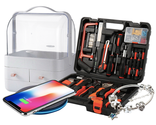 Joyreap product selection with a makeup organiser, tool kit, wireless charger and bracelets